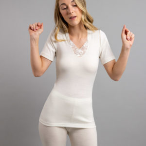 Front view of white Thermo Fleece – Ladies Short Sleeve – Lace Motif