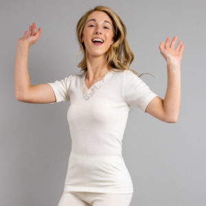 Front view of white Thermo Fleece – Ladies Short Sleeve – Lace Motif