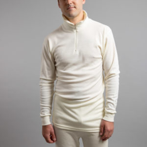 Front view of a male wearing white Merino Skins – Unisex Long Sleeve Half Zip Front