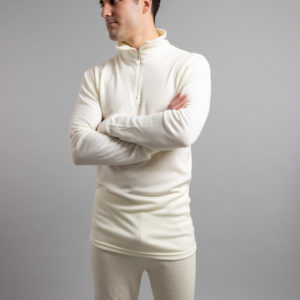 Front view of a male wearing white Merino Skins – Unisex Long Sleeve Half Zip Front