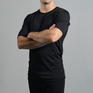 Merino Skins Lite mens black short sleeve t shirt – front angled