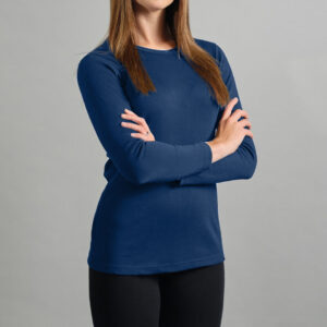 Merino Skins Lite ladies navy blue long sleeve t shirt – front angled