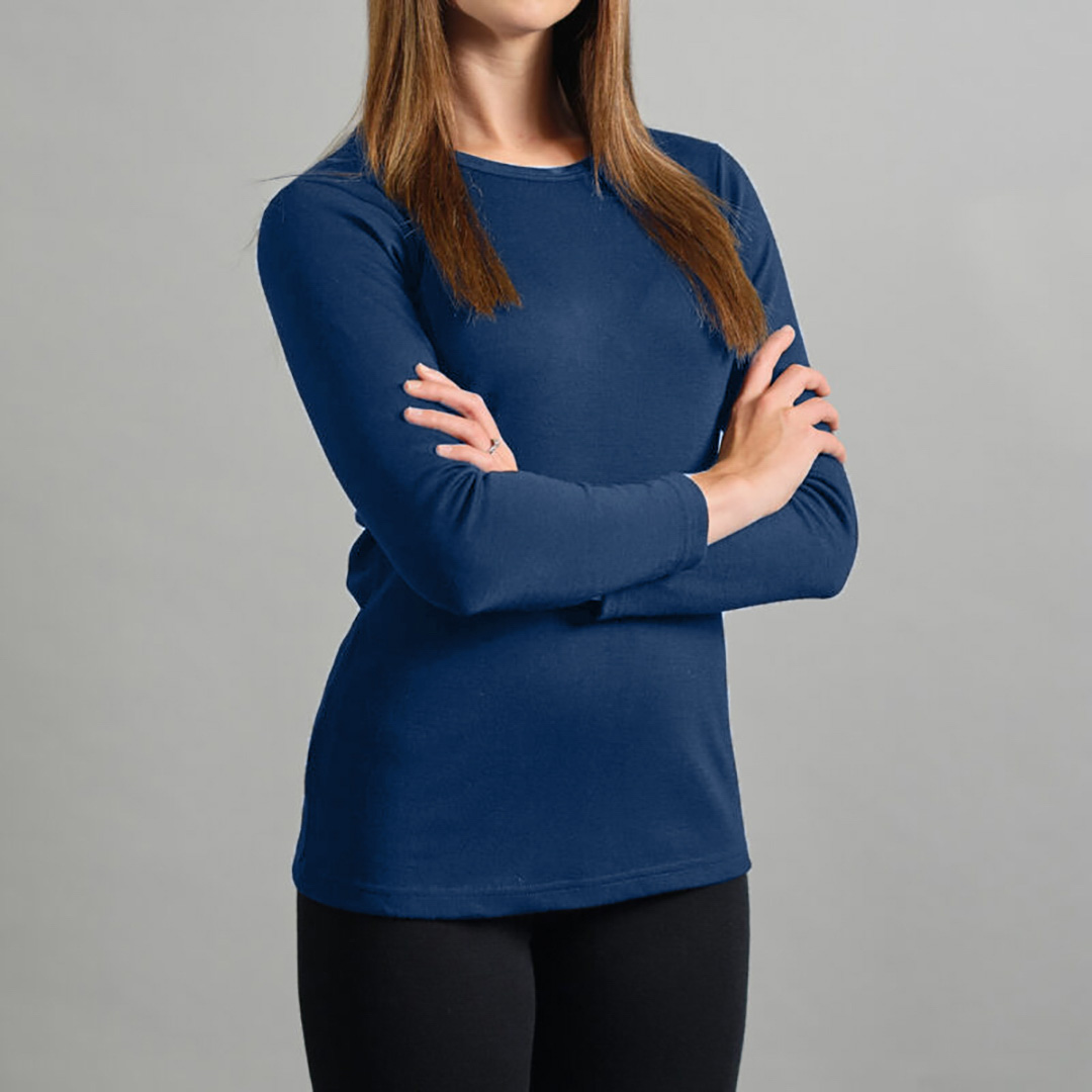 Merino Skins Lite ladies navy blue long sleeve t shirt – front angled