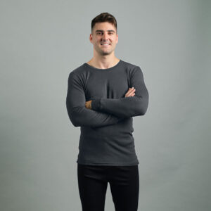 Merino Skins Lite mens charcoal grey long sleeve t shirt – front view