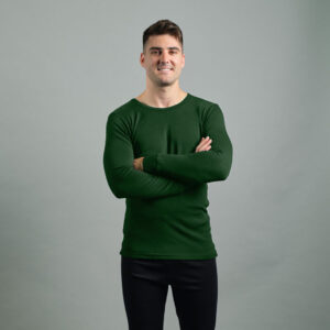 Merino Skins Lite mens green pastures long sleeve t shirt – front angled