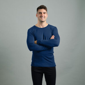 Merino Skins Lite mens navy blue long sleeve t shirt – front view