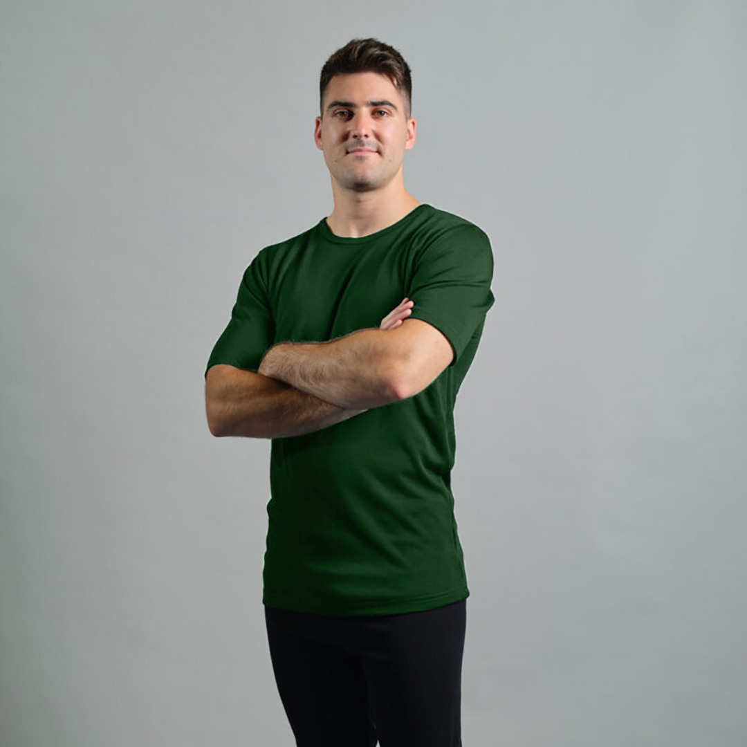 Merino Skins Lite mens green pastures short sleeve t shirt – front angled