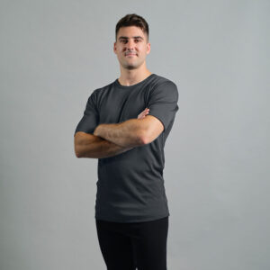 Merino Skins Lite mens charcoal grey short sleeve t shirt – front angled