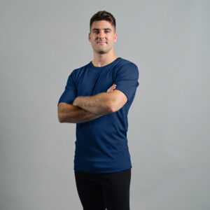 Merino Skins Lite mens navy blue short sleeve t shirt – front angled